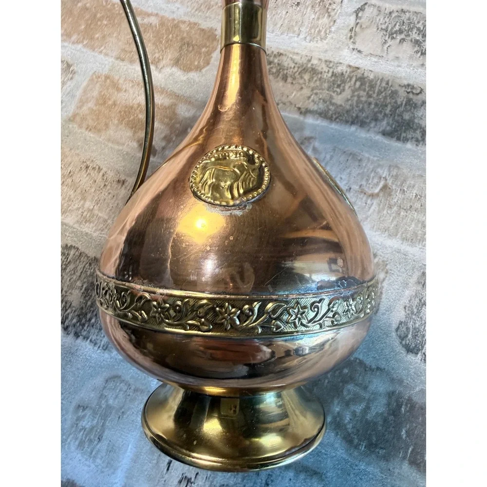 Vintage Copper and Brass Pitcher Ewer with Bull Medallions‎ and Floral Band 10
